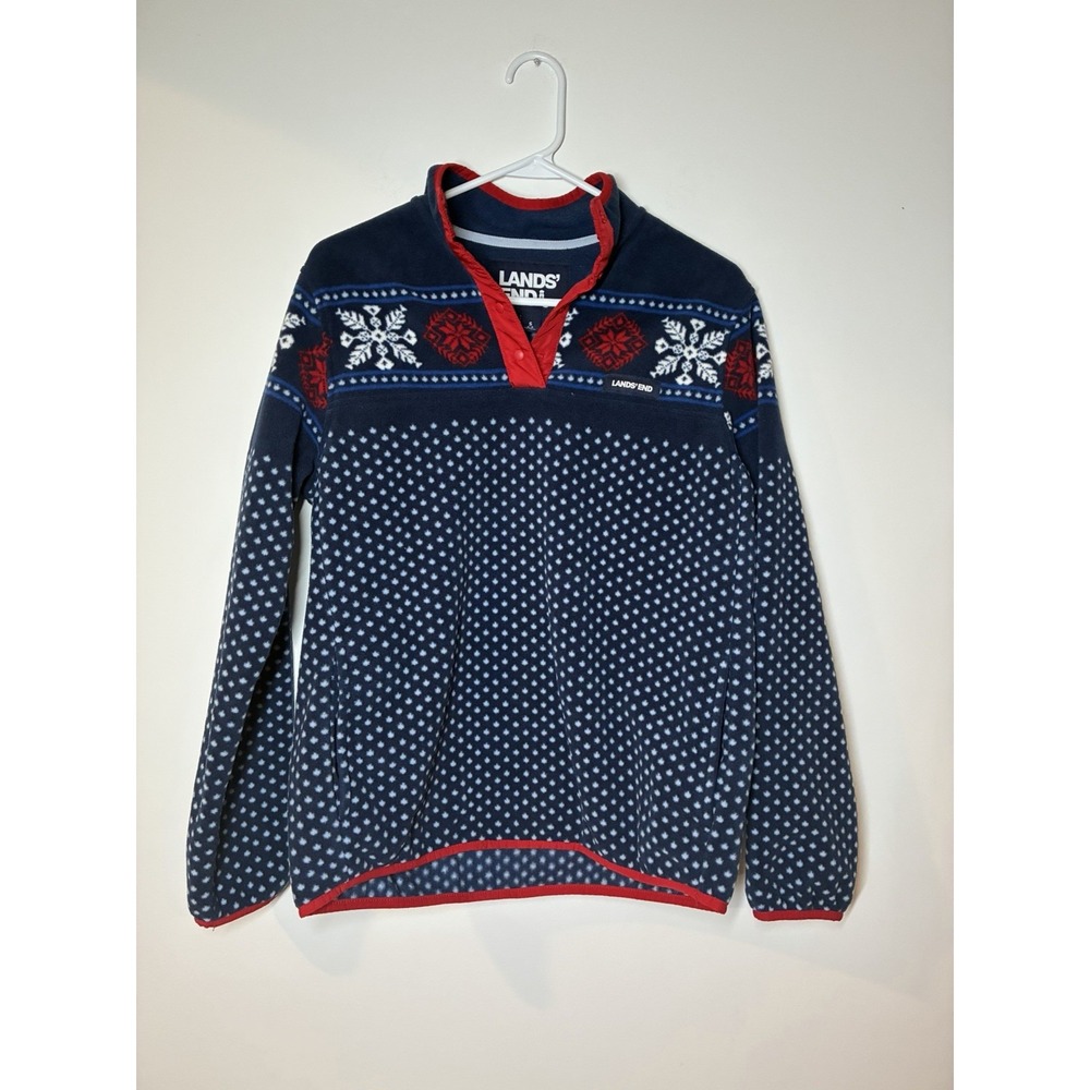 Lands' End navy blue fleece pullover white snowflake dot pattern Small